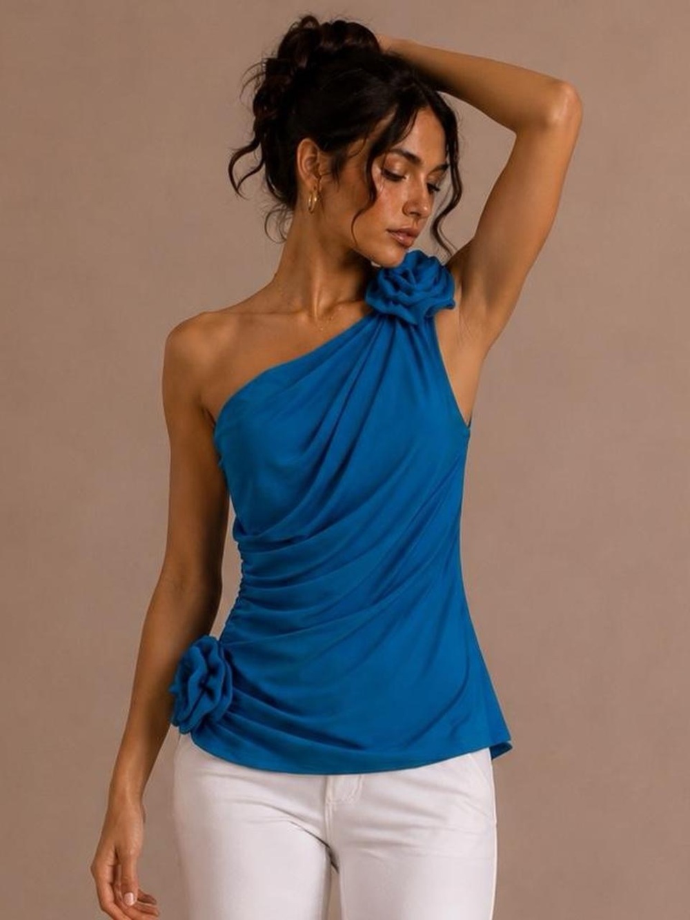 Gianni Bini One-Shoulder Blue Floral Appliqué Top NWT